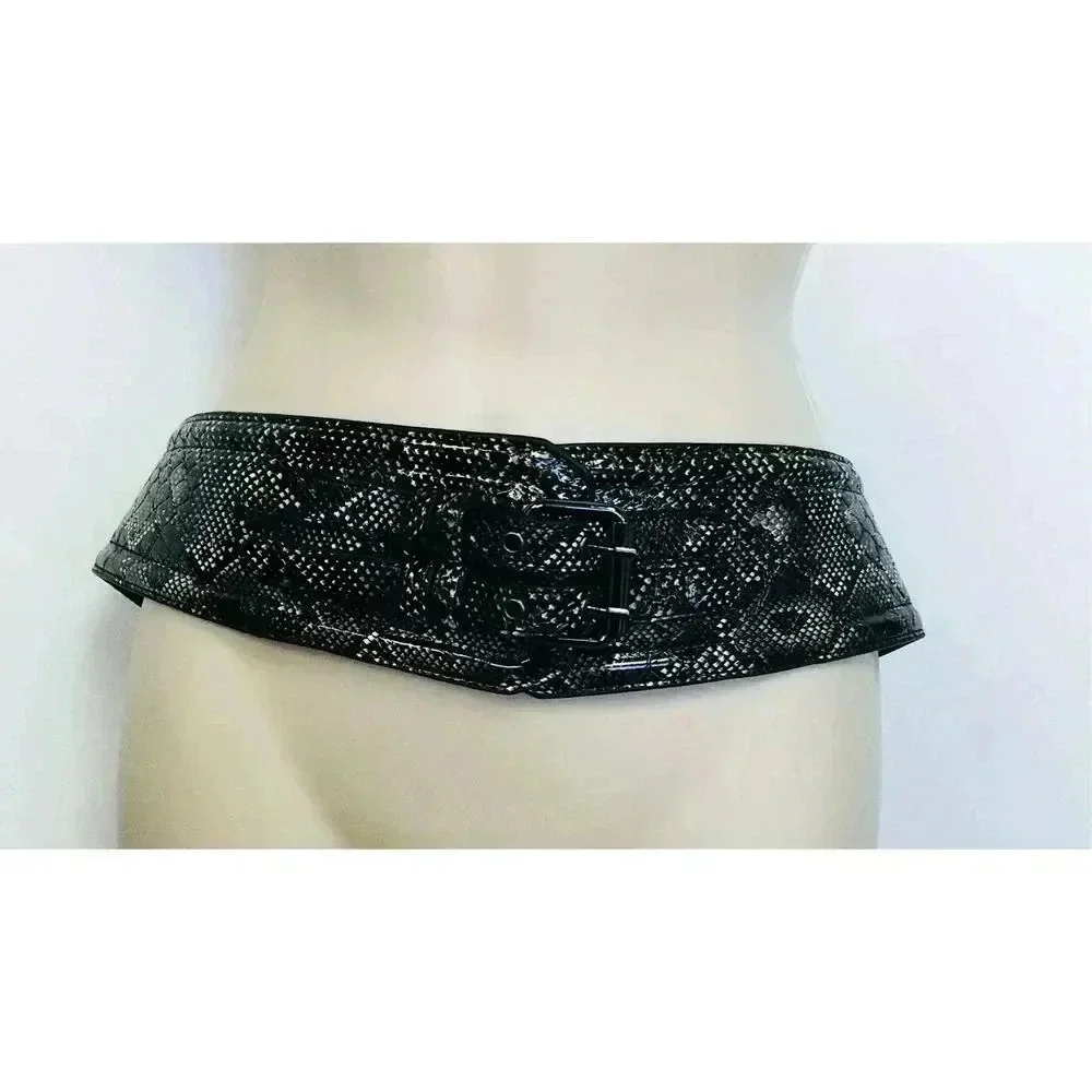 Vintage Womens Black White Snake Print Double‎ Buckle Wide Belt Size 12